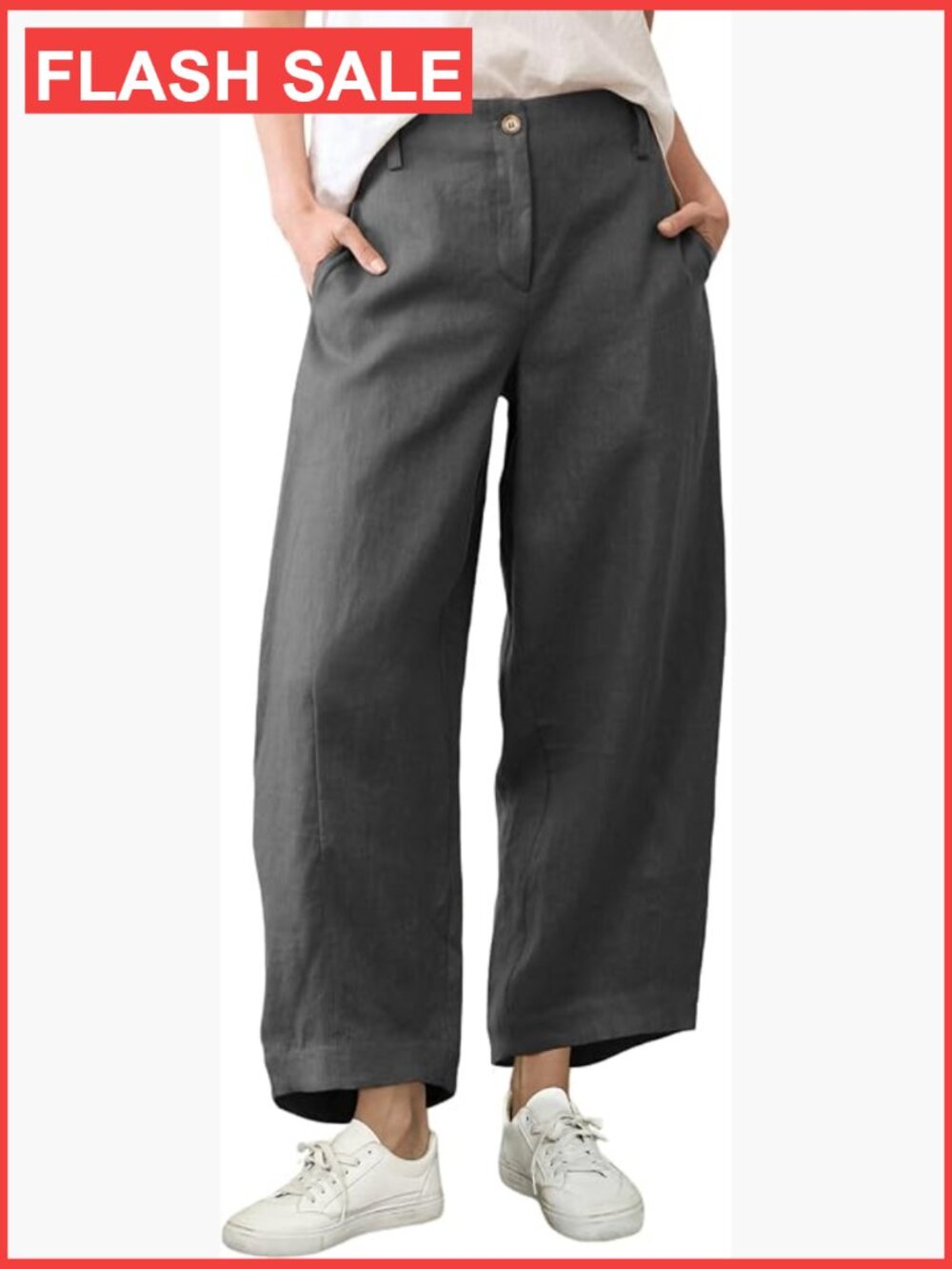 Womens Linen Capri Pants Baggy Wide Leg Palazzo Trousers Beach Vacation Casual